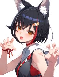 Rule 34 | 1girl, :d, alternate hair length, alternate hairstyle, animal ear fluff, animal ears, black hair, black shirt, blush, breasts, choker, claw pose, commentary, from side, hair ornament, hololive, izumi sai, looking at viewer, medium breasts, multicolored hair, ookami mio, ookami mio (1st costume), open mouth, orange eyes, red choker, red hair, red ribbon, red shirt, ribbon, sailor collar, shirt, short hair, simple background, sleeveless, sleeveless shirt, smile, solo, streaked hair, undershirt, upper body, virtual youtuber, white background, white hair, wolf ears, wolf girl, wrist ribbon