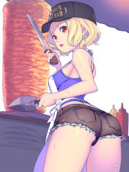 Rule 34 | 1girl, apron, ass, back, bare shoulders, baseball cap, blonde hair, bottle, breasts, clothes writing, cooking, cowboy shot, cutoffs, denim, denim shorts, enkyo yuuichirou, food, food stand, from behind, grill, hat, highres, holding, kebab, ketchup, knife, lipstick, looking at viewer, looking back, makeup, meat, mustard, open mouth, original, pink lips, pocket, red eyes, short hair, short shorts, shorts, sideboob, solo, standing, sweat, tank top, thick thighs, thighs, tongue, tongue out, white background