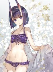 Rule 34 | 1girl, :/, alternate costume, bad id, bad twitter id, bare shoulders, bikini, blush, breasts, chocoan, cleavage, collarbone, cowboy shot, eyeshadow, fate/grand order, fate (series), female focus, floral background, floral print, frilled bikini, frills, groin, hair ornament, horns, looking at viewer, makeup, navel, oni, purple bikini, purple eyes, purple hair, short hair, shuten douji (fate), skin-covered horns, sleeveless, small breasts, solo, swimsuit, unworn kimono, wide hips