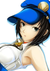 Rule 34 | 1girl, black eyes, black hair, breasts, cabbie hat, choker, hat, lock, looking at viewer, marie (persona 4), nannacy7, parted lips, persona, persona 4, persona 4 the golden, short hair, sleeveless, solo, upper body, white background