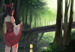 Rule 34 | 1girl, bare shoulders, black hair, bow, bridge, clothes lift, detached sleeves, female focus, forest, from behind, hair bow, hakurei reimu, japanese clothes, lantern, lantern on liquid, leaf, light smile, looking back, miko, nature, paper lantern, ponytail, red eyes, river, skirt, skirt lift, solo, thighhighs, touhou, tree, water, white thighhighs, yasumo (kuusouorbital)