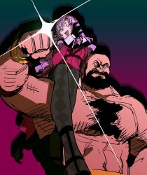 Rule 34 | 1boy, 1girl, beard, carrying, carrying over shoulder, carrying person, chest hair, chest tuft, dress, drill hair, facial hair, flexing, glint, gloves, gradient background, highres, hyakumantenbara salome, hyakumantenbara salome (1st costume), large pectorals, long hair, looking at viewer, mohawk, muscular, muscular male, nijisanji, ojou-sama pose, pectorals, popogano, purple eyes, purple hair, raised fist, size difference, smile, smug, street fighter, strongman waist, thick beard, topless male, unfinished, upper body, virtual youtuber, wrestler, zangief