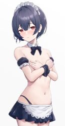 Rule 34 | absurdres, arm garter, bikini, bikini bottom only, black bow, black bowtie, blue hair, blush, bow, bowtie, covering breasts, covering privates, crossed arms, dark blue hair, detached collar, highres, idolmaster, idolmaster shiny colors, looking at viewer, maid, maid bikini, maid headdress, masuku (saint mask), microskirt, morino rinze, navel, red eyes, short hair, simple background, skirt, stomach, swimsuit, unconventional maid, white background, wrist cuffs