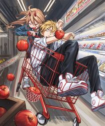 Rule 34 | 1boy, 1girl, apple, black necktie, black pants, blonde hair, blue jacket, brown hair, chainsaw man, closed eyes, collared shirt, denji (chainsaw man), fang, food, fruit, highres, horns, in shopping cart, jacket, long hair, looking to the side, motion blur, motion lines, necktie, open mouth, pants, poka (523764jr), power (chainsaw man), red horns, shirt, shirt tucked in, short hair, sleeves rolled up, smile, white shirt