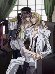 Rule 34 | 00s, 2boys, absurdres, barefoot, blonde hair, blue eyes, boots, brown hair, chair, code geass, curtains, eye contact, feet, foot worship, formal, gloves, ruffling hair, hat, highres, holding another&#039;s foot, huge filesize, indoors, kannon maldini, looking at another, male focus, military, military uniform, multiple boys, necktie, official art, pink hair, sakou yukie, scarf, schneizel el britannia, single glove, sitting, smile, suit, uniform, window, yaoi