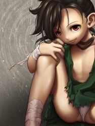 Rule 34 | 1girl, bad id, bad pixiv id, bandaged arm, bandaged leg, bandages, black hair, dororo (character), dororo (tezuka), flat chest, henkyou (e-f-frontier.net), looking at viewer, orange eyes, panties, sitting, smile, solo, underwear, white panties