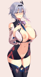 Rule 34 | 1girl, bare shoulders, between breasts, blue hair, blue necktie, breasts, breasts out, cleft of venus, cowboy shot, eula (genshin impact), genshin impact, hair ornament, half-closed eyes, hands on own chest, highres, large areolae, large breasts, long sleeves, navel, necktie, necktie between breasts, nipples, open clothes, open mouth, purple eyes, pussy, solo, thighhighs, uncensored, yamiiv