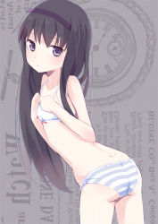 Rule 34 | 10s, 1girl, akemi homura, arched back, ass, bad id, bad pixiv id, bare shoulders, black hair, bra, dimples of venus, hairband, hands on own chest, kyuri, lingerie, long hair, looking at viewer, looking back, mahou shoujo madoka magica, mahou shoujo madoka magica (anime), panties, purple eyes, solo, striped clothes, striped panties, underwear, underwear only