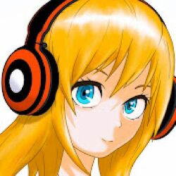 Rule 34 | 1girl, aliasing, artist request, blonde hair, blue eyes, character request, close-up, closed mouth, copyright request, hair between eyes, headphones, long hair, nightcore reality, non-web source, orange hair, red headphones, simple background, smile, source request, upper body, white background