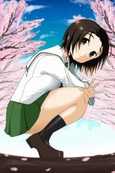 Rule 34 | 1girl, black socks, blouse, blue sky, blurry, blurry background, blurry foreground, brown eyes, brown footwear, brown hair, cherry blossoms, closed mouth, cloud, cloudy sky, commentary, day, depth of field, from side, girls und panzer, green skirt, highres, loafers, long sleeves, looking at viewer, miniskirt, nana (manaita koumuten), ooarai school uniform, outdoors, parted bangs, petals, pleated skirt, sawa azusa, school uniform, serafuku, shirt, shoes, short hair, skirt, sky, smile, socks, solo, squatting, tree, waving, white shirt