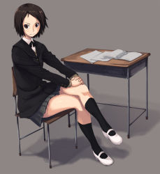 Rule 34 | 1girl, amagami, bad id, bad pixiv id, black socks, brown eyes, brown hair, chair, crossed legs, desk, full body, grey background, hands on own knees, highres, interlocked fingers, kurosawa noriko, loafers, looking at viewer, notebook, own hands clasped, own hands together, paper, parted lips, pleated skirt, sailor collar, school desk, school uniform, shoes, short hair, sitting, skirt, socks, solo, wiori (mashiro miracle)