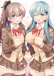 Rule 34 | 2girls, aqua hair, blue eyes, blush, brown cardigan, brown hair, brown skirt, brown thighhighs, buttons, cardigan, collared shirt, frilled skirt, frills, green eyes, hair between eyes, hair ornament, hairclip, heart, jewelry, kantai collection, kumano (kancolle), kumano kai ni (kancolle), long hair, long sleeves, multiple girls, neck ribbon, one eye closed, open mouth, petals, pleated skirt, ponytail, red ribbon, revision, ribbon, ring, rui shi (rayze ray), shirt, skirt, smile, sparkle, suzuya (kancolle), suzuya kai ni (kancolle), textless version, thighhighs, wedding ring, white shirt