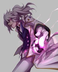 Rule 34 | 1boy, add (elsword), coat, electricity, elsword, evil smile, facial mark, gloves, glowing, glowing eye, highres, looking at viewer, male focus, mastermind (elsword), necktie, pants, pointing, pointing at viewer, ponytail, purple eyes, purple theme, simple background, smile, solo, waero, white coat, white gloves, white hair, white pants