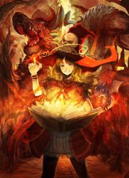 Rule 34 | 1girl, blue eyes, book, brown hair, dragon, floating, floating object, grin, hat, highres, long hair, looking at viewer, pixiv fantasia, pixiv fantasia fallen kings, shirorin (ballet girl&#039;s), skull, smile, wind, witch hat