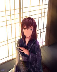 Rule 34 | 1girl, chyt, cowboy shot, fate/grand order, fate (series), female focus, japanese clothes, kimono, long hair, purple hair, red eyes, scathach (fate), scathach (fate), sitting, solo