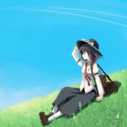 Rule 34 | 1girl, arm support, bag, black hair, briefcase, day, female focus, full body, ghostly field club, gotyou, hand on headwear, hat, meadow, nature, necktie, outdoors, sitting, sky, solo, touhou, usami renko, wind, yellow eyes