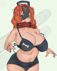 Rule 34 | 1girl, bone, bra, breasts, chainsaw, chainsaw man, cleavage, collar, fangs, genderswap, genderswap (mtf), handle, highres, khentart, large breasts, looking at viewer, medium hair, midriff, multicolored hair, open mouth, orange hair, personification, pochita (chainsaw man), simple background, solo, tail, two-tone hair, underwear, white background