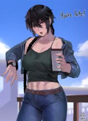Rule 34 | 1girl, abs, belt, black hair, blue sky, braid, braided ponytail, breasts, cleavage, cloud, coffee cup, cowboy shot, cup, day, disposable cup, english text, frown, holding, holding cup, hunyan, jacket, large breasts, looking at viewer, medium breasts, open mouth, original, pants, sky, solo, standing, watch, wristwatch, xiao (hunyan)