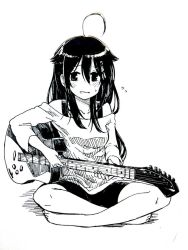 Rule 34 | 10s, 1girl, :d, ahoge, alternate costume, alternate hairstyle, bike shorts, collarbone, electric guitar, flying sweatdrops, gouta (nagishiro6624), greyscale, guitar, hair flaps, hair ornament, instrument, kantai collection, long hair, monochrome, off-shoulder shirt, off shoulder, open mouth, shigure (kancolle), shigure kai ni (kancolle), shirt, sitting, smile, solo, sweatdrop