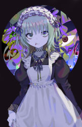 Rule 34 | 1girl, apron, black background, black dress, blood, blood from mouth, closed mouth, collared dress, commentary, dress, english commentary, eyebrows hidden by hair, frilled apron, frills, green eyes, green hair, hair between eyes, highres, juliet sleeves, kayanogura, long hair, long sleeves, looking at viewer, maid, maid apron, neck ribbon, original, pale skin, puffy sleeves, ribbon, ribbon trim, sanpaku, sleeves past wrists, solo, standing, tongue, tongue out, white apron
