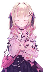 Rule 34 | 1girl, baby bottle, black choker, black ribbon, blunt bangs, blush, bottle, choker, closed eyes, clothing request, commentary request, cross, doll, dress, earrings, hand on own chest, heart, heart-shaped bag, heart earrings, heart o-ring, heart ring top, highres, holding, holding doll, incoming kiss, iron cross, jewelry, kappe reeka, lolita fashion, makaino ririmu, multicolored hair, nijisanji, official art, open mouth, pink dress, pink hair, ribbon, ring, stuffed animal, stuffed rabbit, stuffed toy, twintails, virtual youtuber, white background