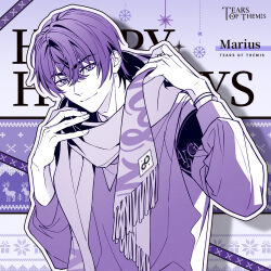 Rule 34 | 1boy, character name, closed mouth, copyright name, fringe trim, hair between eyes, hands up, long sleeves, looking at viewer, male focus, marius von hagen (tears of themis), official art, outline, puffy long sleeves, puffy sleeves, purple background, purple theme, scarf, shirt, smile, solo, tears of themis, thick eyebrows, upper body, white outline