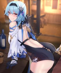 Rule 34 | 1girl, absurdres, aether (genshin impact), alcohol, ass, back, backless outfit, bare shoulders, beer mug, bent over, between buttocks, blush, bottle, breasts, bulge, buttjob, buttjob over clothes, chair, clothed sex, cup, drunk, dry humping, erection, erection under clothes, eula (genshin impact), genshin impact, gloves, hairband, half-closed eyes, heart, hetero, highres, huge filesize, humping, indoors, kanta (kanta 077), leotard, licking lips, long sleeves, looking at viewer, mug, naughty face, on table, paid reward available, pants, table, thighhighs, tongue, tongue out, wine bottle, wooden table