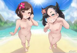 Rule 34 | 2girls, artist name, artsheops, asymmetrical bangs, barefoot, black hair, breasts, brown eyes, brown hair, clenched hand, cloud, collarbone, commentary request, completely nude, creatures (company), day, eyelashes, fingersmile, flower, game freak, gloria (pokemon), green eyes, green ribbon, grin, hair flower, hair ornament, hair ribbon, hand up, heart, heart-shaped pupils, highres, looking at viewer, marnie (pokemon), multiple girls, nail polish, navel, nintendo, nipples, nude, official alternate costume, outdoors, pink flower, pokemon, pokemon masters ex, public indecency, red nails, ribbon, sand, shiny skin, shore, short hair, sky, small breasts, smile, standing, sun, symbol-shaped pupils, teeth, toenail polish, toenails, toes, water, watermark