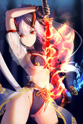 Rule 34 | 1girl, absurdres, bikini, blue fire, commentary request, dual wielding, enin, fate/grand order, fate (series), fingerless gloves, fire, flaming sword, flaming weapon, gloves, hair ornament, highres, holding, holding sword, holding weapon, horns, katana, long hair, looking at viewer, midriff, navel, oni horns, purple bikini, red eyes, red horns, reverse grip, see-through, see-through sleeves, short sleeves, silver hair, solo, swimsuit, sword, tomoe gozen (fate), tomoe gozen (swimsuit saber) (fate), tomoe gozen (swimsuit saber) (third ascension) (fate), very long hair, waist cape, weapon