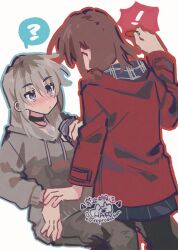 Rule 34 | !, 2girls, ?, black choker, blue outline, blush, brown hair, brown pants, choker, closed mouth, drawstring, ear blush, girls band cry, grey hair, grey hood, highres, holding another&#039;s wrist, holding hair tie, iseri nina, jacket, kawaragi momoka, long sleeves, looking at another, multicolored hair, multiple girls, outline, pants, pingke box, red jacket, roots (hair), short twintails, simple background, spoken exclamation mark, spoken question mark, twintails, white background, yuri