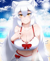 1girl absurdres animal_ears beach blue_sky blush breasts cleavage extra_ears fox_ears fox_girl fox_tail highres kemono_friends kemono_friends_3 large_breasts long_hair looking_at_viewer nanoder ocean official_alternate_costume oinari-sama_(kemono_friends) sarong sky smile solo tail very_long_hair white_hair white_sarong yellow_eyes