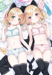 Rule 34 | 2girls, :&lt;, absurdres, black panties, black thighhighs, blonde hair, blue archive, blue bra, blue panties, blush, bow, bow bra, bow panties, bra, button bra, closed mouth, comiket 103, green bow, green eyes, green halo, hair bow, halo, highres, holding hands, interlocked fingers, kani biimu, looking at viewer, lying, medium hair, midori (blue archive), momoi (blue archive), multiple girls, navel, non-web source, on back, panties, pink bow, pink bra, pink eyes, pink halo, pink panties, scan, siblings, side-tie panties, sisters, smile, striped clothes, striped panties, sweatdrop, thighhighs, training bra, twins, underwear, unworn bra, unworn panties, white bra, white panties, yellow bra