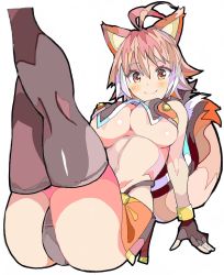 Rule 34 | 1girl, animal ears, antenna hair, bare shoulders, blazblue, blush, breasts, cleavage, closed mouth, commentary request, crop top, crossed legs, enpe, fingerless gloves, gloves, hair between eyes, highleg, highleg panties, highres, large breasts, legs up, looking at viewer, makoto nanaya, microskirt, multicolored hair, orange skirt, panties, revealing clothes, simple background, sitting, skirt, smile, solo, squirrel ears, squirrel girl, squirrel tail, tail, thighs, two-tone hair, underboob, underwear, white background