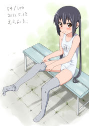 Rule 34 | 1girl, 2011, black hair, brown eyes, dated, errant, grey thighhighs, k-on!, long hair, nakano azusa, one-piece swimsuit, school swimsuit, sitting, solo, swimsuit, thighhighs, twintails, white school swimsuit, white one-piece swimsuit