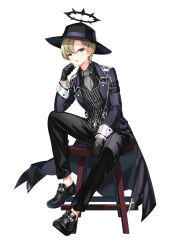 Rule 34 | 1boy, :o, absurdres, asymmetrical bangs, between legs, black coat, black footwear, black gloves, black halo, black hat, black pants, black shirt, black vest, brown hair, clenched hands, closers, coat, collared shirt, spiked halo, dress shirt, elbow on thigh, elbow rest, fedora, full body, gloves, green eyes, grey necktie, half-closed eyes, halo, hand between legs, hand on own cheek, hand on own face, hat, highres, long sleeves, looking at viewer, looking to the side, male focus, mistilteinn (closers), necktie, no socks, official art, on stool, open clothes, open coat, pants, shirt, short hair, sitting, solo, stool, striped clothes, striped vest, tachi-e, teeth, upper teeth only, vertical-striped clothes, vertical-striped vest, vest, waistcoat, white background, wing collar