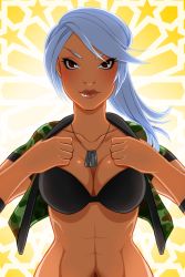 Rule 34 | 1girl, abs, backlighting, black bra, blush, bra, breasts, camouflage, cleavage, collarbone, cropped jacket, dark-skinned female, dark skin, dog tags, eyelashes, jacket, large breasts, lips, long hair, midriff, narrow waist, navel, nose, open clothes, open jacket, red eyes, setsuna22, silver hair, solo, underwear, vanessa lewis, virtua fighter