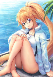 Rule 34 | 1girl, bespectacled, black-framed eyewear, blonde hair, blue eyes, commentary request, competition swimsuit, fate/grand order, fate (series), glasses, jacket, jeanne d&#039;arc (fate), jeanne d&#039;arc (ruler) (fate), jeanne d&#039;arc (swimsuit archer) (fate), jeanne d&#039;arc (swimsuit archer) (second ascension) (fate), long hair, ocean, one-piece swimsuit, open clothes, open jacket, palm tree, ponytail, rectangular eyewear, sitting, solo, swimsuit, swimsuit under clothes, track jacket, tree, very long hair, whistle, whistle around neck, white jacket, white one-piece swimsuit, yan h chau