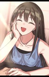 Rule 34 | 1girl, :d, ^ ^, bare shoulders, black hair, closed eyes, earrings, erere, highres, idolmaster, idolmaster cinderella girls, jewelry, long hair, necklace, open mouth, shibuya rin, smile, solo