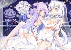 Rule 34 | 2girls, adapted costume, ass, azur lane, bare shoulders, bed sheet, black bow, black ribbon, blue bow, blurry, blurry background, blush, bouquet, bow, breasts, bridal gauntlets, bridal veil, bride, cleavage, closed mouth, commentary request, crown, depth of field, douya (233), dress, elbow gloves, flower, garter straps, gloves, hair flower, hair ornament, hair ribbon, hand on breast, holding, holding bouquet, illustrious (azur lane), illustrious (morning star of love and hope) (azur lane), kneeling, large breasts, leotard, looking at viewer, looking to the side, mini crown, mole, mole under eye, multiple girls, no shoes, pillow, purple eyes, purple hair, ribbon, rose, see-through, small breasts, soles, star (symbol), strapless, strapless leotard, thighhighs, tiara, transparent, unicorn (azur lane), veil, wavy mouth, wedding dress, white bow, white dress, white flower, white gloves, white leotard, white ribbon, white rose