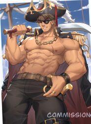 Rule 34 | 1boy, abs, absurdres, bad id, bad weibo id, bara, bara pirate, belt, biceps, blonde hair, blurry, blurry background, boat, bracelet, chain, cloud, cloudy sky, commentary, commission, eyepatch, facial hair, gun, hand on own hip, hat, highres, jacket, jewelry, large pectorals, long sideburns, looking at viewer, machete, male focus, muscular, muscular male, necklace, nipples, open clothes, open jacket, original, over shoulder, pants, pectorals, pirate, pirate hat, red eyes, ring, sailing, scar, scar on arm, scar on chest, scar on face, scar on stomach, shoulder pads, sideburns, sky, smile, solo, stomach, stubble, sword, tan, tekkowang, thick arms, topless male, watercraft, weapon, weapon over shoulder