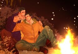 Rule 34 | 2boys, ^ ^, bara, beard stubble, between legs, black hair, blush, bush, campfire, camping, closed eyes, commission, couple, facial hair, forest, full body, furrowed brow, green pants, hand on another&#039;s shoulder, highres, holding hands, hood, hood down, hooded jacket, itaru (kidomh63), jacket, knee up, long sideburns, male focus, mature male, multiple boys, muscular, muscular male, mustache stubble, nature, night, night sky, pants, protagonist 3 (housamo), second-party source, shoes, short hair, sideburns, sitting, skeb commission, sky, smile, snow, snowing, stubble, tokyo houkago summoners, veins, veiny hands, yaoi, zabaniyya (housamo)