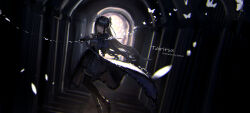 Rule 34 | 1girl, absurdres, arcaea, artist name, backlighting, black choker, black dress, black footwear, black gloves, black hair, black thighhighs, bow, bug, butterfly, character name, choker, chromatic aberration, commentary, dress, floating, gloves, hair bow, highres, holding, holding instrument, holding violin, insect, instrument, lemtun, long hair, music, playing instrument, ribbon choker, sidelocks, solo, tairitsu (arcaea), thighhighs, violin, white bow