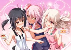Rule 34 | 3girls, :p, ;d, bare shoulders, bikini, bikini under clothes, black hair, blush, bracelet, breasts, cake, chloe von einzbern, collarbone, commentary, dark-skinned female, dark skin, eyes visible through hair, fate/kaleid liner prisma illya, fate (series), feeding, food, fruit, hair between eyes, hair bobbles, hair ornament, highres, illyasviel von einzbern, jewelry, looking at another, miyu edelfelt, morokoshi (tekku), multiple girls, one eye closed, open mouth, overalls, pink background, pink hair, plate, red eyes, side-tie bikini bottom, side ponytail, small breasts, smile, strawberry, strawberry shortcake, swimsuit, tongue, tongue out, twintails, two side up, white hair, x hair ornament, yellow eyes
