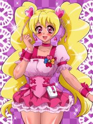 Rule 34 | 00s, 1girl, annon (wtvt), blonde hair, checkered background, choker, corset, cure peach, earrings, fresh precure!, hair ornament, heart, heart hair ornament, jewelry, long hair, magical girl, miniskirt, momozono love, pink eyes, pink skirt, precure, puffy sleeves, purple background, skirt, smile, solo, sparkle, twintails, wrist cuffs