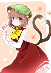 Rule 34 | 1girl, :o, animal ears, bent over, bow, bowtie, brown eyes, brown hair, cat ears, cat tail, chen, cowboy shot, fingernails, hands up, hat, heart, heart tail, highres, looking at viewer, mob cap, multiple tails, nekomata, ponta (wwtaimeww), sharp fingernails, short hair, simple background, solo, tail, touhou, two tails, yellow bow, yellow bowtie