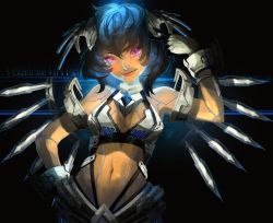 Rule 34 | 1girl, alpha (acerailgun), android, bare shoulders, blue hair, borrowed character, breasts, cowboy shot, d-oppelganger, gloves, navel, original, pink eyes, small breasts, smile, solo, v