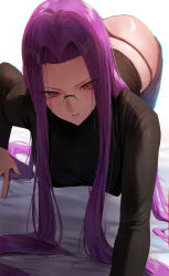 Rule 34 | 1girl, absurdres, all fours, black panties, black sweater, blue pants, blush, breasts, denim, fate/stay night, fate (series), forehead, glasses, highres, jeans, large breasts, long hair, long sleeves, looking at viewer, medusa (fate), medusa (rider) (fate), panties, pants, parted bangs, parted lips, purple eyes, purple hair, rororo, sidelocks, solo, sweater, underwear, very long hair