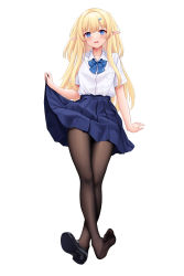 Rule 34 | 1girl, absurdres, allenes, black footwear, blonde hair, blue bow, blue bowtie, blue eyes, blue skirt, blush, bow, bowtie, brown pantyhose, collared shirt, crossed ankles, elf, full body, hair ornament, hairclip, highres, long hair, looking at viewer, no shoes, open mouth, original, pantyhose, pleated skirt, pointy ears, school uniform, shirt, shoes, short sleeves, simple background, single shoe, skirt, skirt hold, smile, solo, very long hair, white background, white shirt