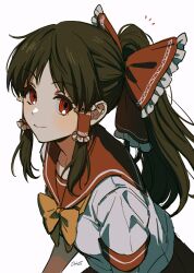 Rule 34 | 1girl, alternate costume, bow, bowtie, brown hair, closed mouth, commentary request, frilled bow, frilled hair tubes, frills, hair tubes, hakurei reimu, highres, long hair, looking at viewer, noriuma, notice lines, ponytail, red bow, red eyes, sailor collar, school uniform, shirt, short sleeves, signature, smile, solo, touhou, upper body, white shirt, yellow bow, yellow bowtie