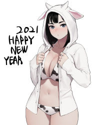 Rule 34 | 1girl, 2021, animal ears, animal print, bad id, bad twitter id, bikini, black hair, breasts, cleavage, closed mouth, collarbone, commentary, cow hood, cow print, cowboy shot, dongho kang, fake animal ears, hair ornament, hairclip, hands up, happy new year, highres, hood, hood up, hoodie, large breasts, long sleeves, looking at viewer, medium hair, navel, new year, open clothes, original, simple background, solo, swimsuit, thighs, white background, white hoodie
